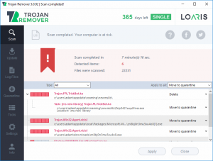 Loaris Trojan Remover - показват вируси