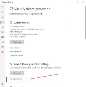 Virus & threat protection settings - Manage settings