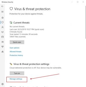 ウイルス & threat protection settings - 設定を管理する