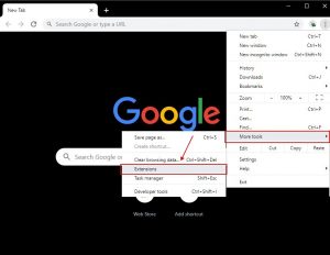 Google Chrome -työkalut valitse Laajennukset