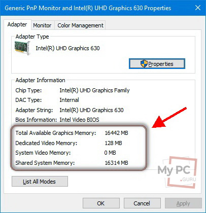 total available dedicated system video and shared memory Intel UHD 630 for Windows 10.