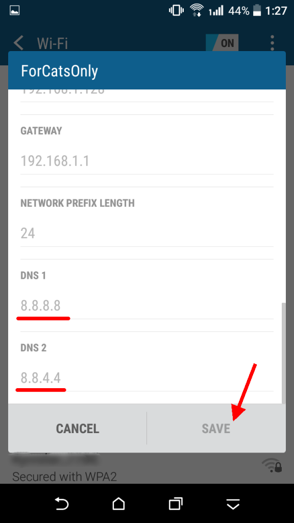 Google DNS network settings on Android