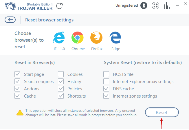 Trojan Killer Portable - "Reset" pogu