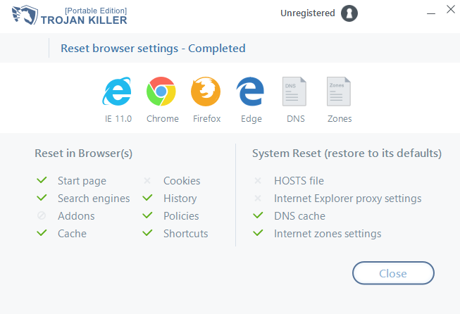 Trojan Killer Portable - Réinitialisation terminée