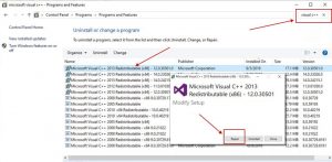Réparer les redistribuables Microsoft Visual C++ pour réparer 0xc000007b
