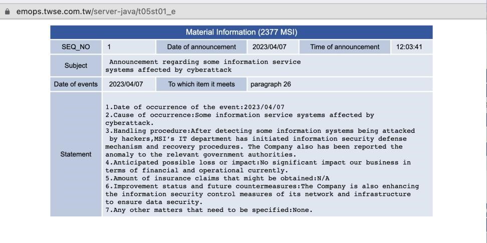 Wiadomość o pieniądzach zhakowana przez MSI